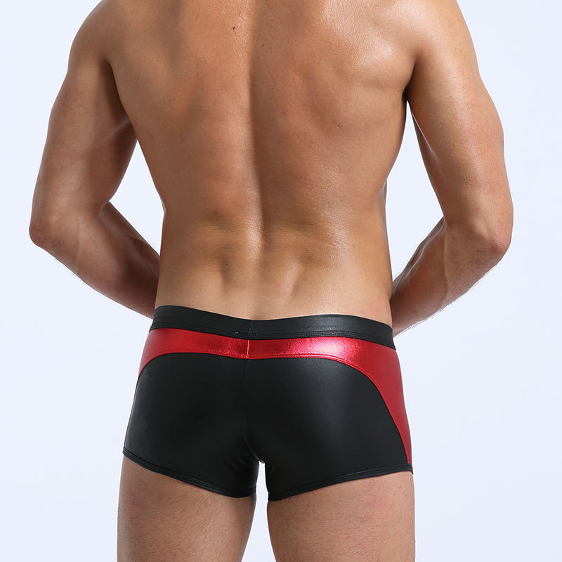 European and American color block men's underwear low waist imitation leather sexy underwear sexy U convex bag boxer shorts boxer shorts