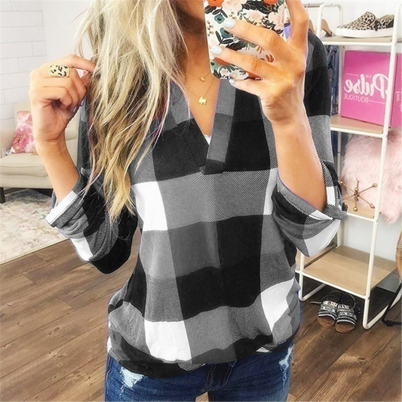 Cross-border European and American Foreign Trade women's clothing new WISH Hot Spring and Autumn shirt plaid printed V-neck long-sleeved top T-shirt