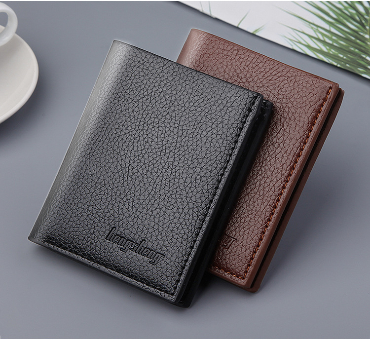 New men's wallet short litchi pattern wallet multifunctional thin money clip Korean trend gold clip wholesale_voghion.com