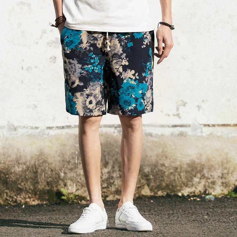 Summer Ethnic-style Linen Shorts Men's Extra Large Size Five-point Beach Pants Loose Floral Pants Trendy Men's