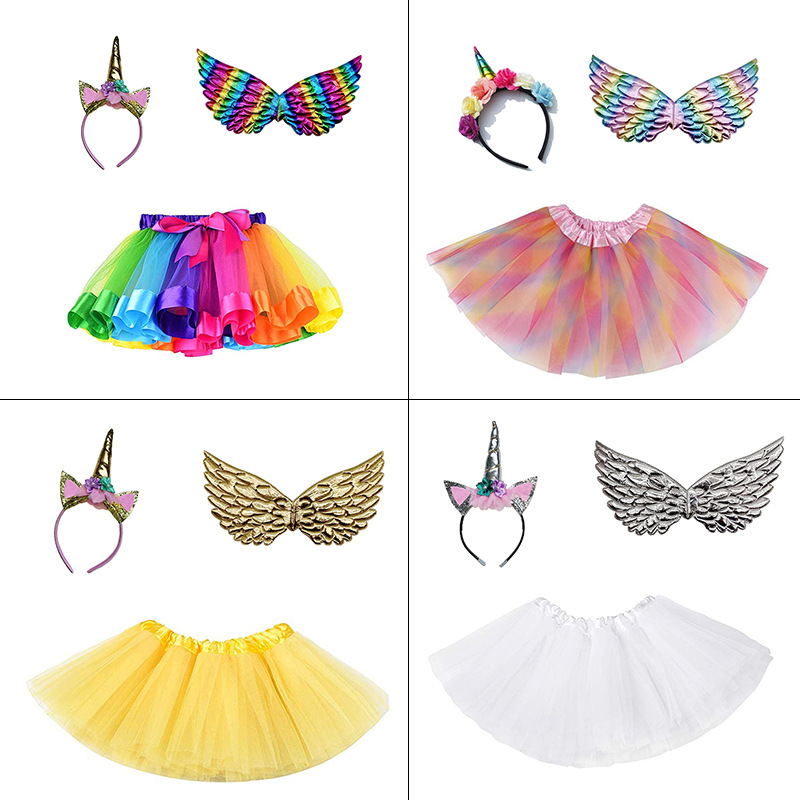 Unicorn headband wings princess dress suit children's Christmas birthday party headwear angel wings skirt
