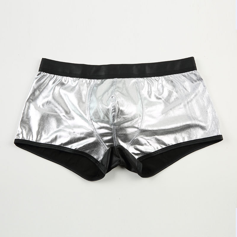 European and American color block men's underwear low waist imitation leather sexy underwear sexy U convex bag boxer shorts boxer shorts