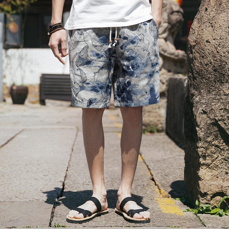 Summer Ethnic-style Linen Shorts Men's Extra Large Size Five-point Beach Pants Loose Floral Pants Trendy Men's