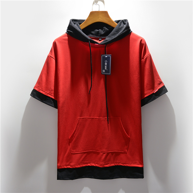 Summer new men's plus size hooded color matching short-sleeved T-shirt casual loose large pocket T-shirt half-sleeved men's top