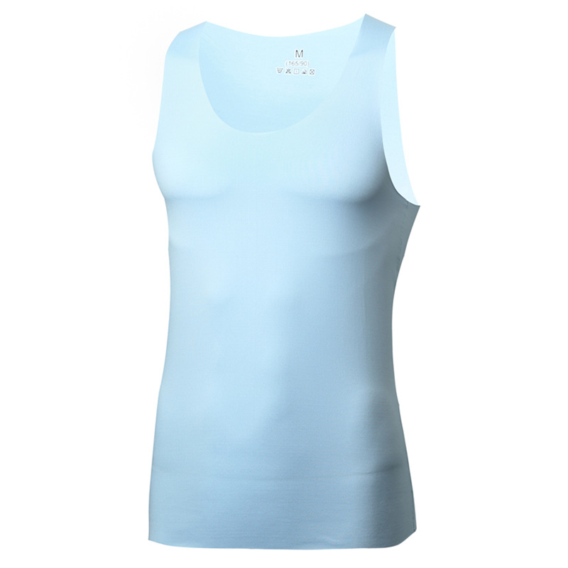 2025 new men's vest ice silk seamless round neck white summer tight V-neck wide shoulder sports sleeveless vest