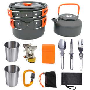 New Amazon Hot Sale Outdoor Set Boiler Head Teapot with Cup Combination Portable Camping Cookware Stove Equipment