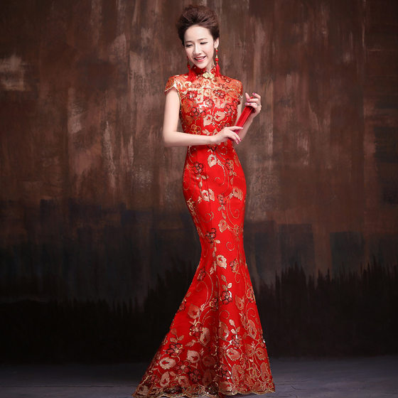 Bridal wedding toast dress red welcome cheongsam fishtail stage performance chorus dress etiquette dress long