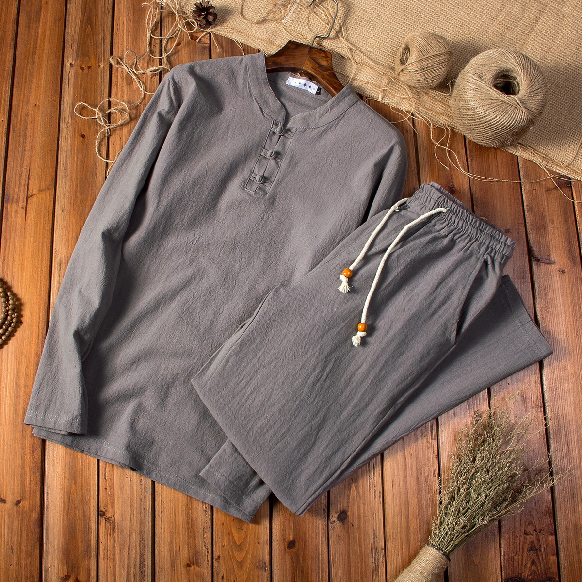 Spring and Autumn New Chinese Style Men's Solid Color Cotton and Linen Long-sleeved Pants Set Men's Large Size Loose Fashionable Two-piece Set