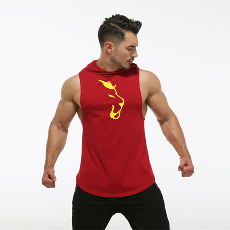 European and American Men's Fitness Sports hooded vest summer hooded curved hem elastic sweat-absorbent wolf head printed vest