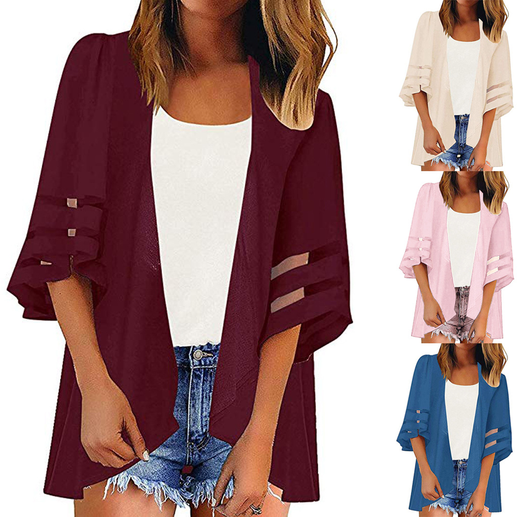 Amazon wish European and American printed sunscreen shirt kimono mesh stitching shawl sunscreen blouse seaside beach suit