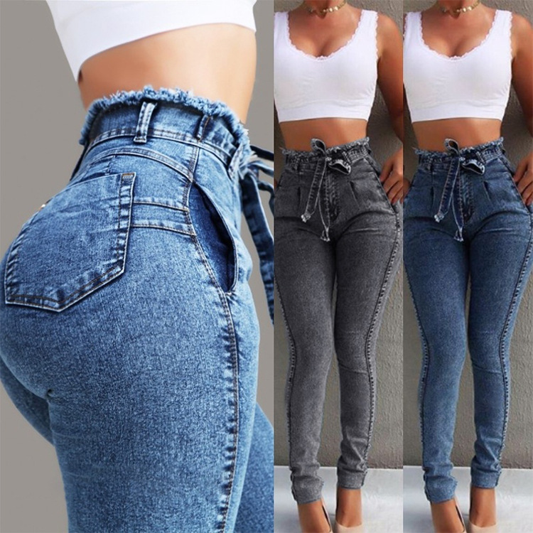 In stock wish Amazon European and American women's jeans stretch slim tassel belt high waist jeans for women