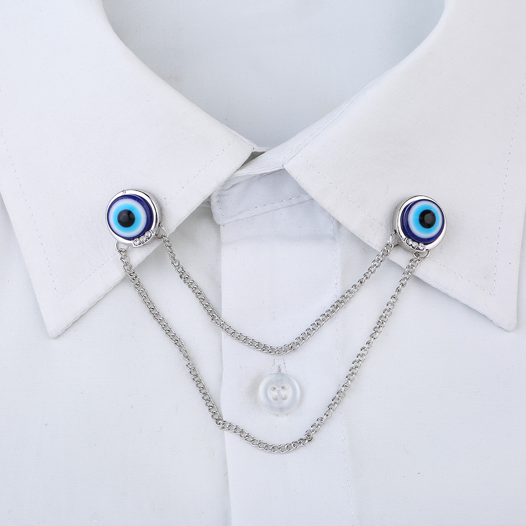 欧美外贸饰品时尚女士胸针蓝色眼睛个性衬衣领针链条流苏领角扣针
