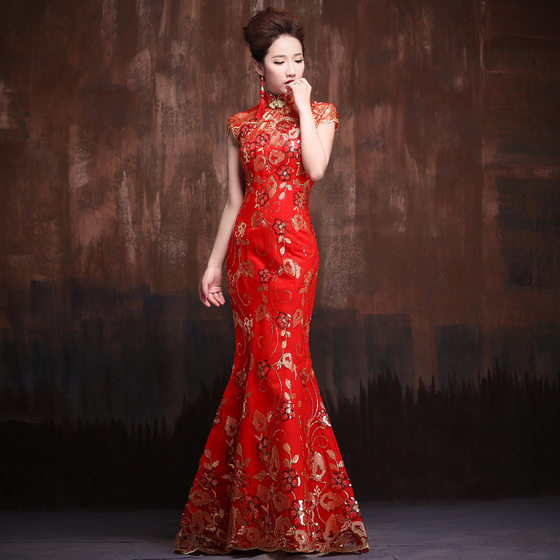 Bridal wedding toast dress red welcome cheongsam fishtail stage performance chorus dress etiquette dress long