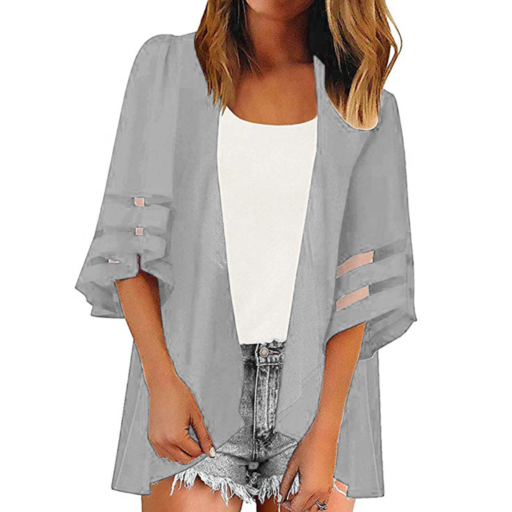 Amazon wish European and American printed sunscreen shirt kimono mesh stitching shawl sunscreen blouse seaside beach suit