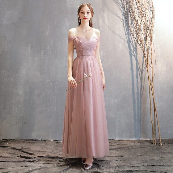 2024 New Bridesmaid Dress Women's Spring Korean Style Pink Off-shoulder Sister Group Fairy Elegant Banquet Slimming Evening Dress