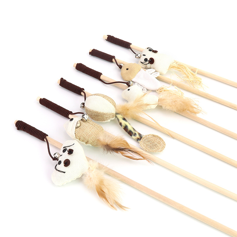 寵物用品亞馬遜貓咪愛老鼠型皮筋帶鈴鐺木質逗貓棒 逗貓玩具