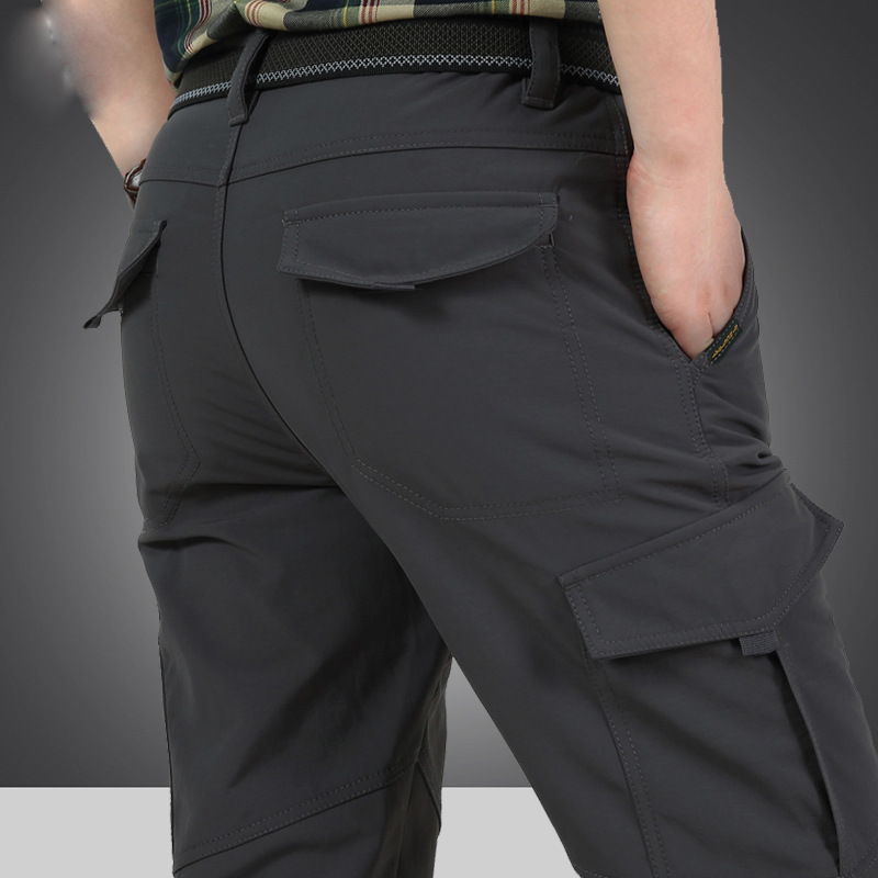 Men's quick-drying pants winter outdoor multi-pocket pants men's fleece-lined thick straight windproof pants