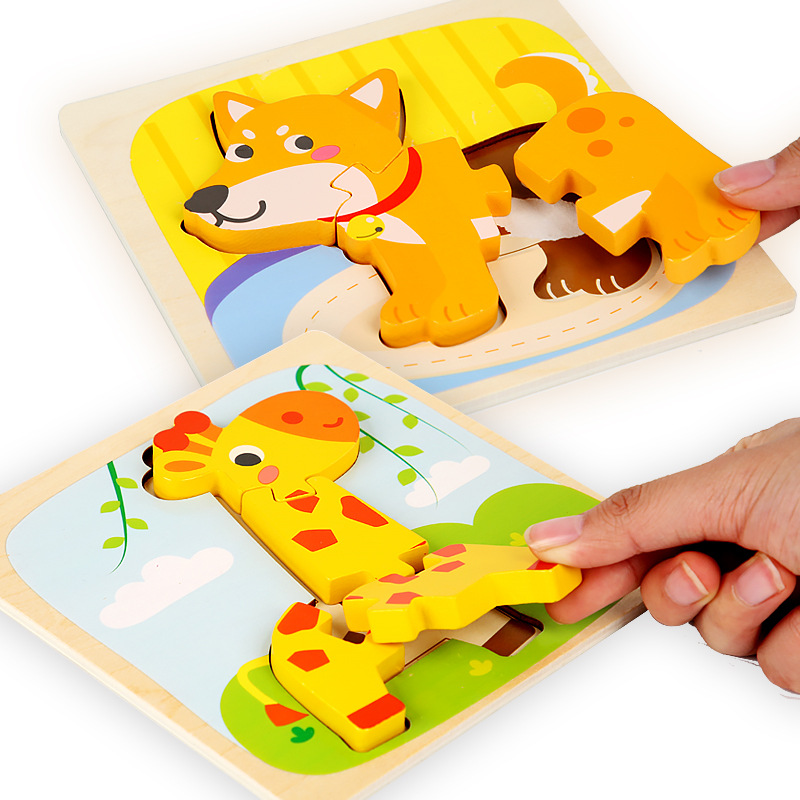 Hot selling toys wooden children cartoon Three-dimensional puzzle training concentration early education building blocks animal matching puzzle 3d