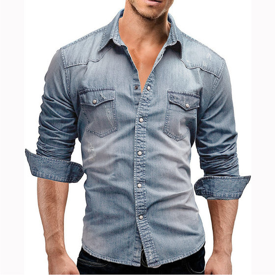 Foreign Trade Cross-border New Men's Long-sleeved Shirt European and American Style Youth Casual Solid Color Stitching Men's Denim Shirt for Men