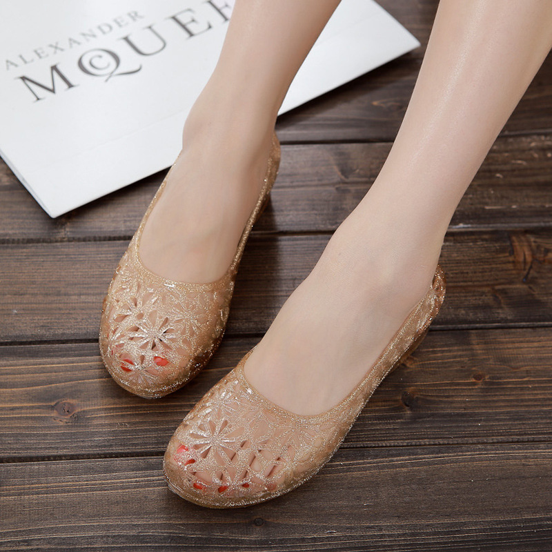 Summer New Non-slip Sandals Women's Crystal Jelly Plastic Flat Hole Hollow Bird's Nest Odor-proof Waterproof Beach Shoes