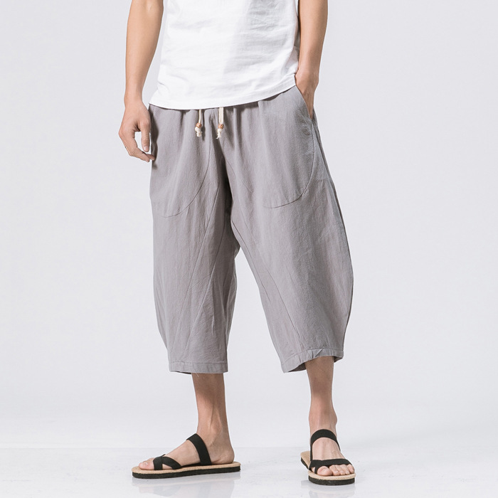 Linen Capri Pants Men's Summer New Men's Loose Solid Color Sports Casual Pants Large Size Chinese Style Cotton and Linen Pants