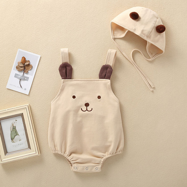 2022 Spring and Autumn Baby Cute Bear Sleeveless Strap Cotton Hat Two-Piece Set
