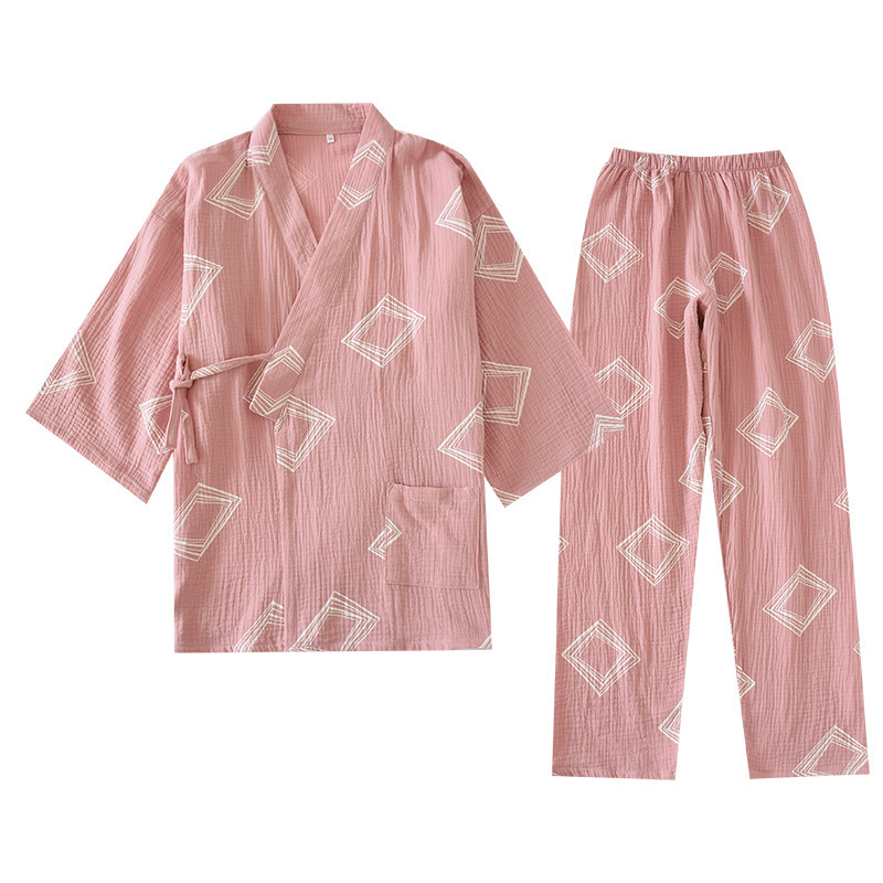 カップルの着物セット綿質二重ガーゼ水洗い縮みの薄い春秋家庭服男女汗蒸しパジャマ|undefined