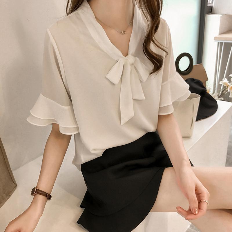 Spot Chubby Sister Large Size Lace-up Bow Chiffon Shirt Women's Loose Horn Sleeve Top Solid Color Base Shirt Trendy