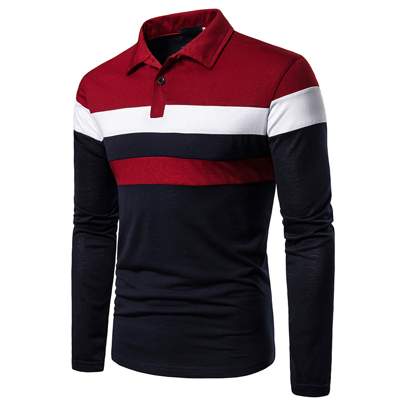 Men's POLO three-color stitching fashion design casual cross-border Men's lapel long sleeve POLO B56