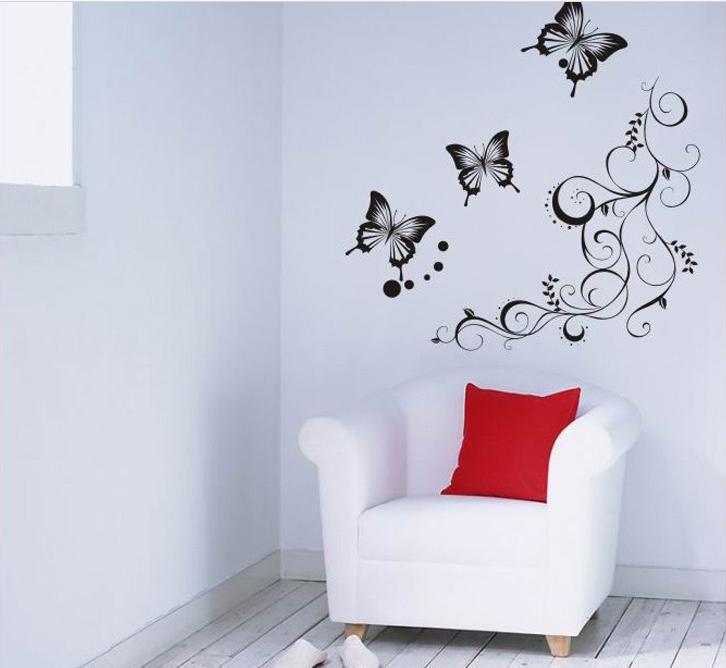Cross-Border 90*120cm flower Vine 2 butterflies 4 butterflies fly black wall stickers wholesale 051s
