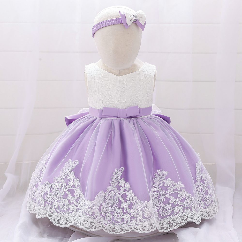 Amazon Baby Dress Big Bow Lace Wedding Princess Dress Baby One Year Old Wash Dress Hair Belt