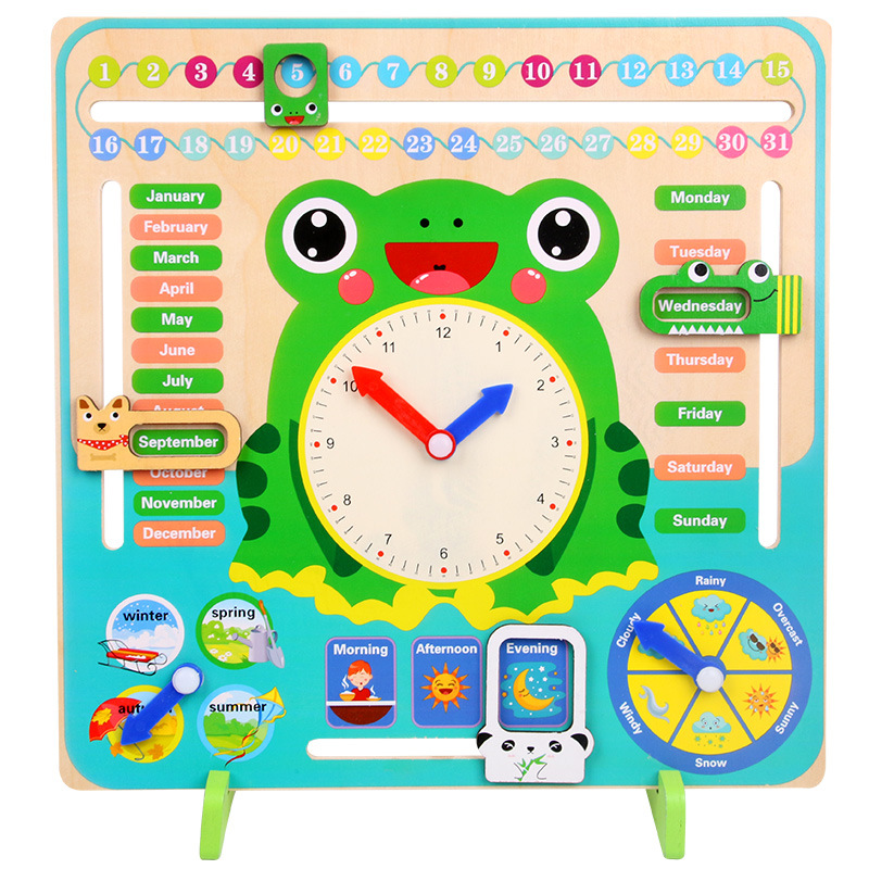 Cross-border Children's Wooden Frog Multifunctional Early Education Educational Calendar Clock Alarm Clock Cognitive Baby Kindergarten Toy