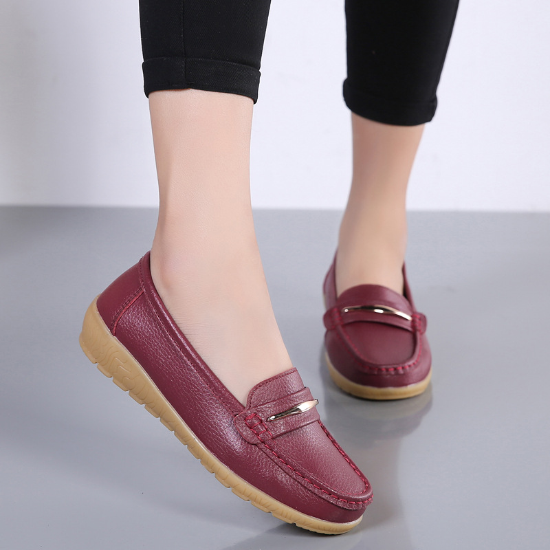 2023 New Cross-border Two-layer Cowhide Middle-aged and Elderly Mother Shoes Women's Single Shoes Bean Shoes Genuine Leather Soft Bottom Wedge Nurse