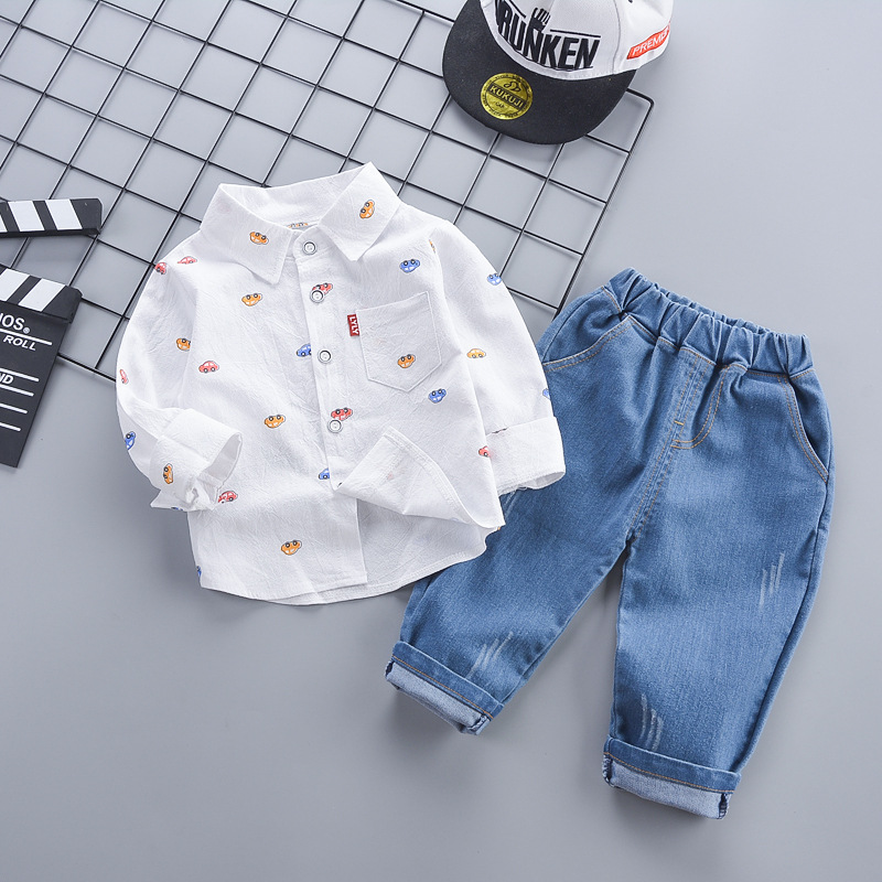 Children's Casual Shirt Two-Piece Set Autumn Fashion Korean Style Boy's Outfit Soft Cotton Long Sleeve Animal Cartoon Print