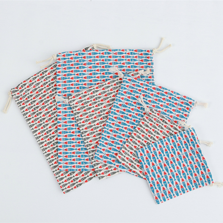 Storage Bag Coin Bag Bag Travel Bag Cotton and Linen Drawstring Bag Tea Japanese Style and Wind Blue Fish