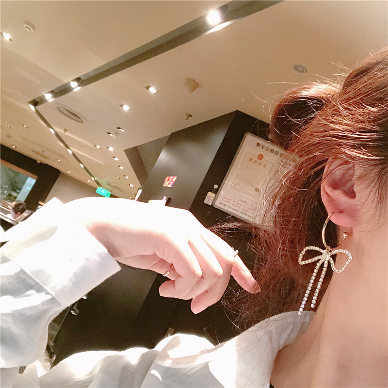 S925銀針韓國韓版款 網紅蝴蝶結耳線長耳環耳圈清新簡潔時尚耳墜