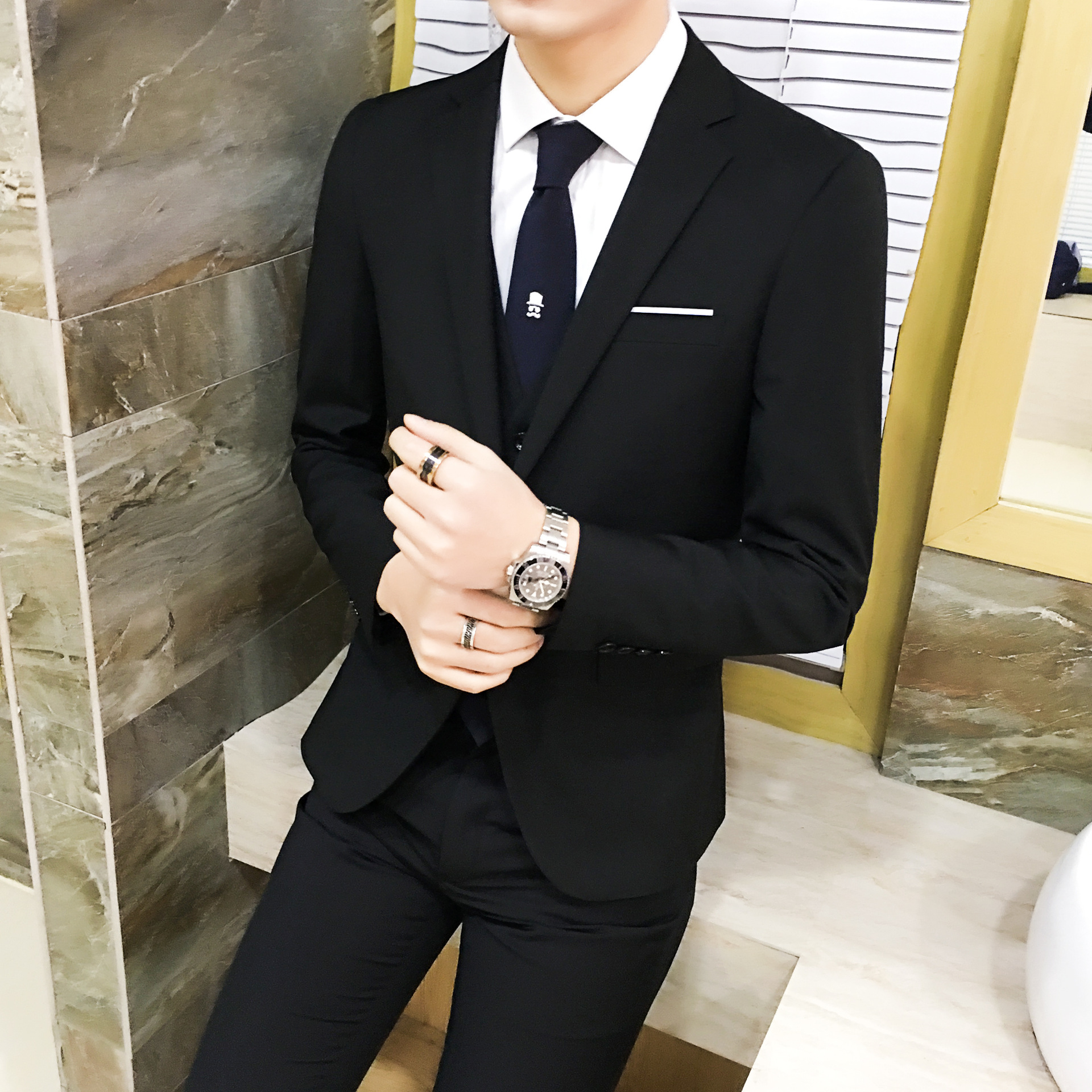 Suit Set Men's Three-Piece Set Korean Slim-Fit Small Suit Professional Formal Dress Best Man Clothing Groom Wedding Dress
