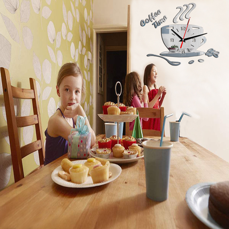 Creative DIY acrylic mirror wall clock simple home decoration mute coffee cup wall sticker quartz clock