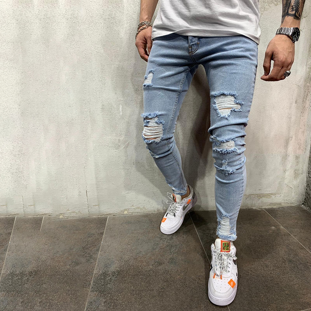 European and American High Street Men's Slim-fit Small Foot Scraping Denim Trousers Trendy Youth Ripped Jeans Large Size