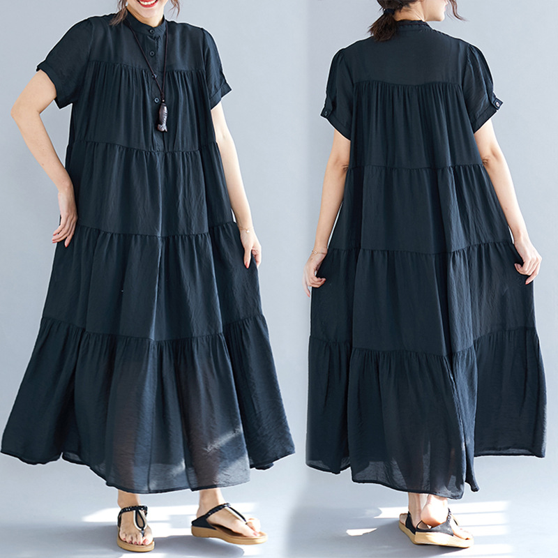 2024 summer multi-layered splicing large hem mid-length 180 catties fat MM loose solid color large size women's dress wholesale