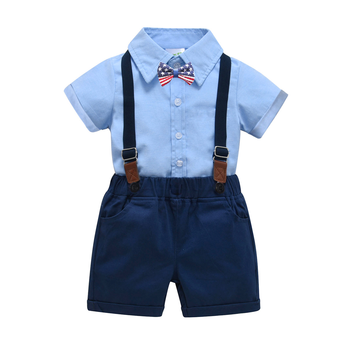 2024春夏季男寶寶禮服 純棉背帶褲套裝紳士服廠家 純棉短褲襯衫