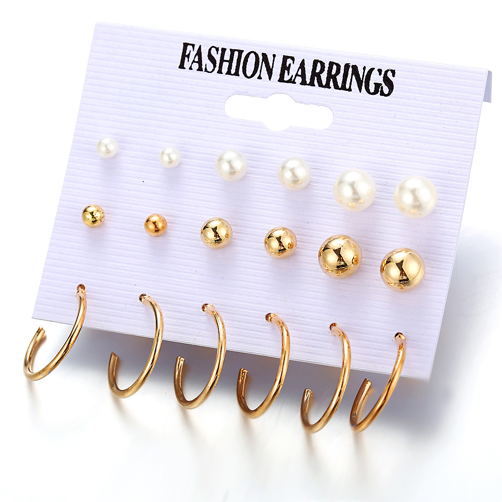 Europe and the United States cross-border new earrings wholesale creative simple retro Pearl open circle earrings set 9 pairs
