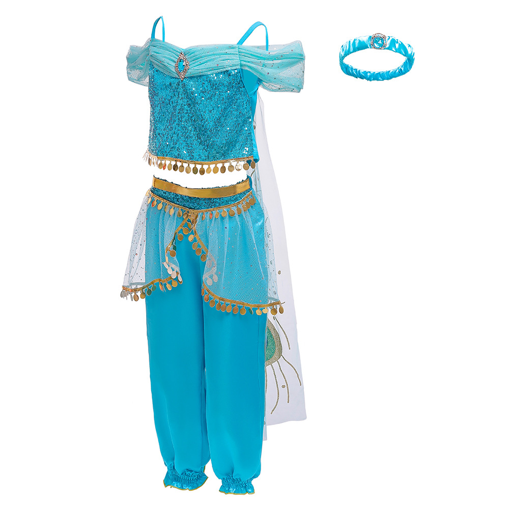 European and American children's cosplay costume Halloween Allah Ding Princess Jasmine sequined top + culottes 2-piece set