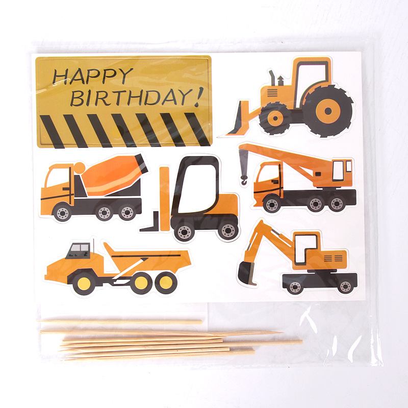 Children's Cake Decoration Engineering Vehicle Excavator Birthday Cake Card Barrier Traffic Instructions Road Mark Baking Plug-in