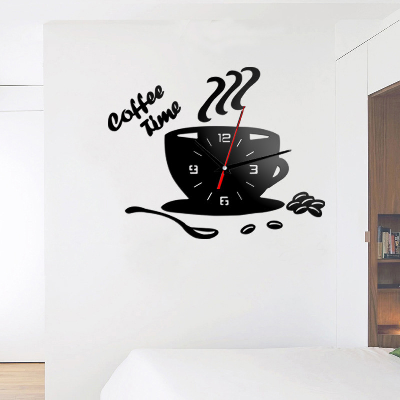 Creative DIY acrylic mirror wall clock simple home decoration mute coffee cup wall sticker quartz clock