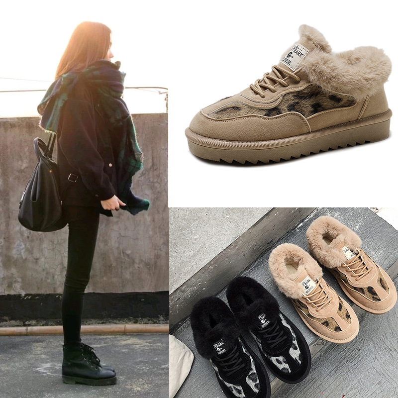 Snow boots women's new women's autumn and winter round head leopard print lace-up Mao Mao short tube low beige velvet winter boots cotton shoes