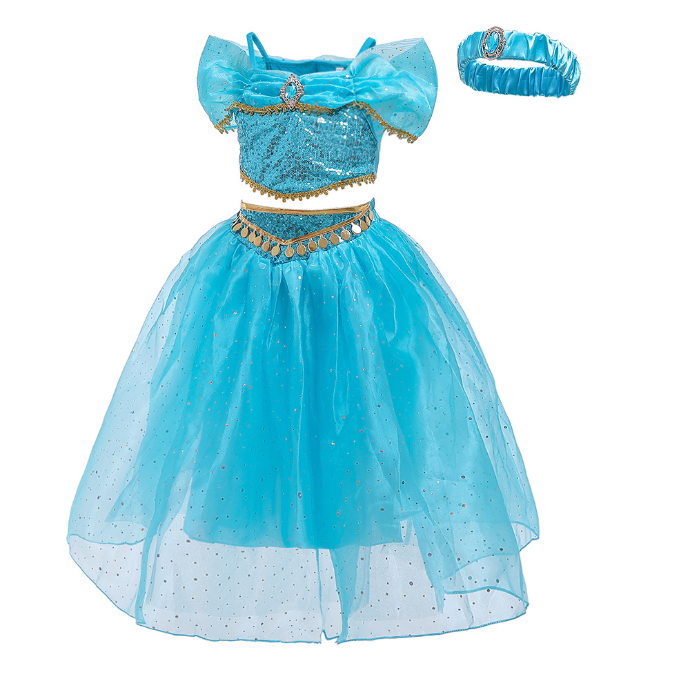 European and American children's cosplay costume Halloween Allah Ding Princess Jasmine sequined top + culottes 2-piece set