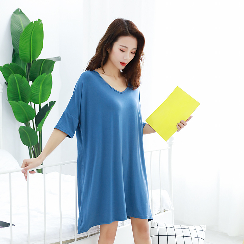 Factory Supply Modal Pregnant Women's Nightdress Women's Summer Short-sleeved Fat Girl Large Size Loose Ice Silk Pajamas Midi Dress
