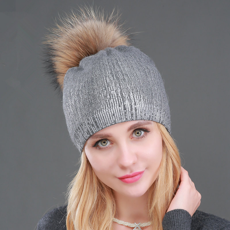 European and American Foreign Trade winter warm wool knitted hat women's gilding Silver Women's hat raccoon ball fur wool hat