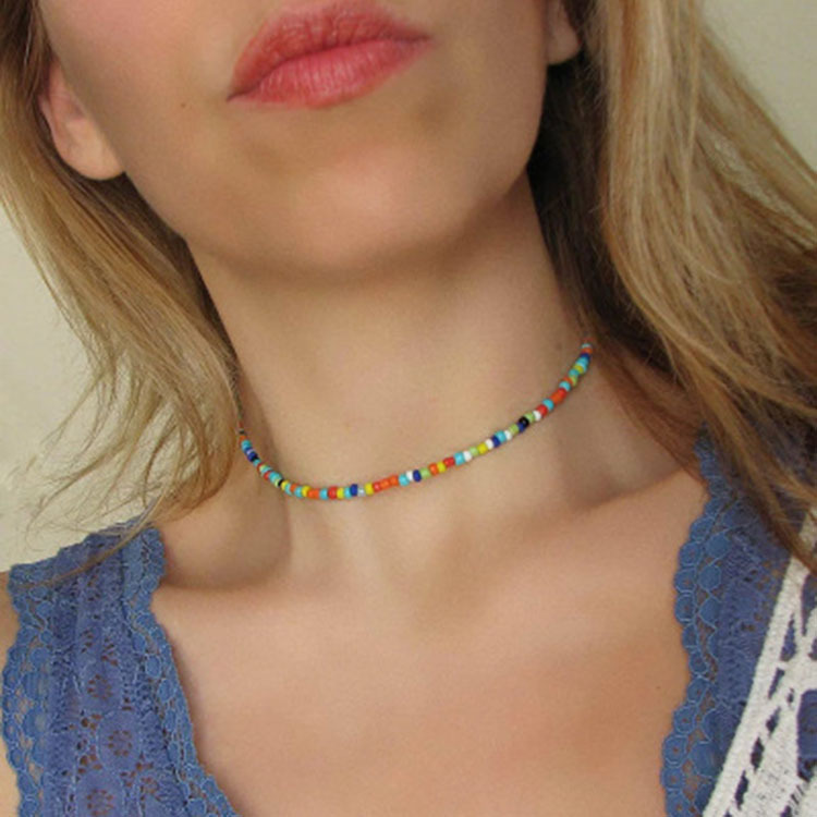 European and American New Necklace Bohemian Rainbow Necklace choker Handmade Fashionable All-match Colorful Rice Bead Necklace